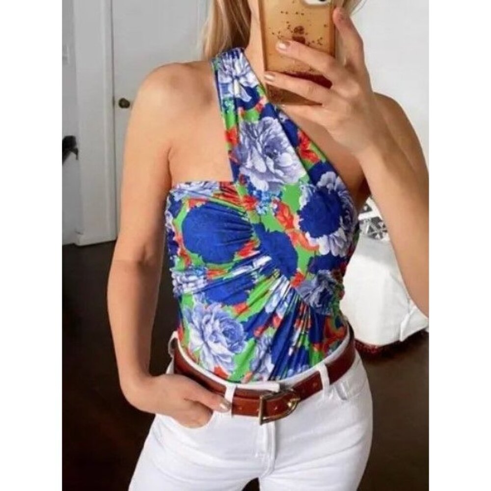 ZARA Blue & Green Floral one Shoulder Asymmetrical Bloggers Fav Bodysuit, Medium